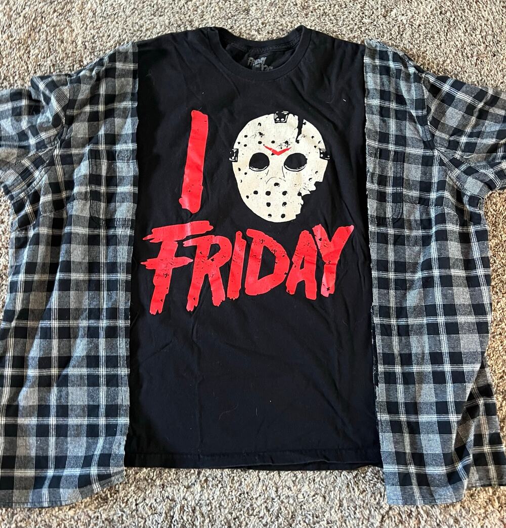 Friday the 13th shirt, Jason Vorhees hockey mask, upcycled shirt XL